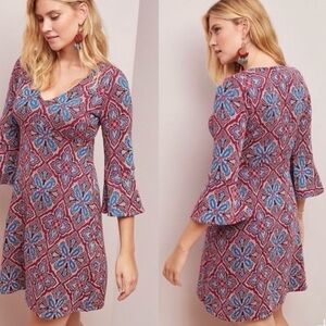 Maeve by Anthropologie Red and Blue Patterned Dress